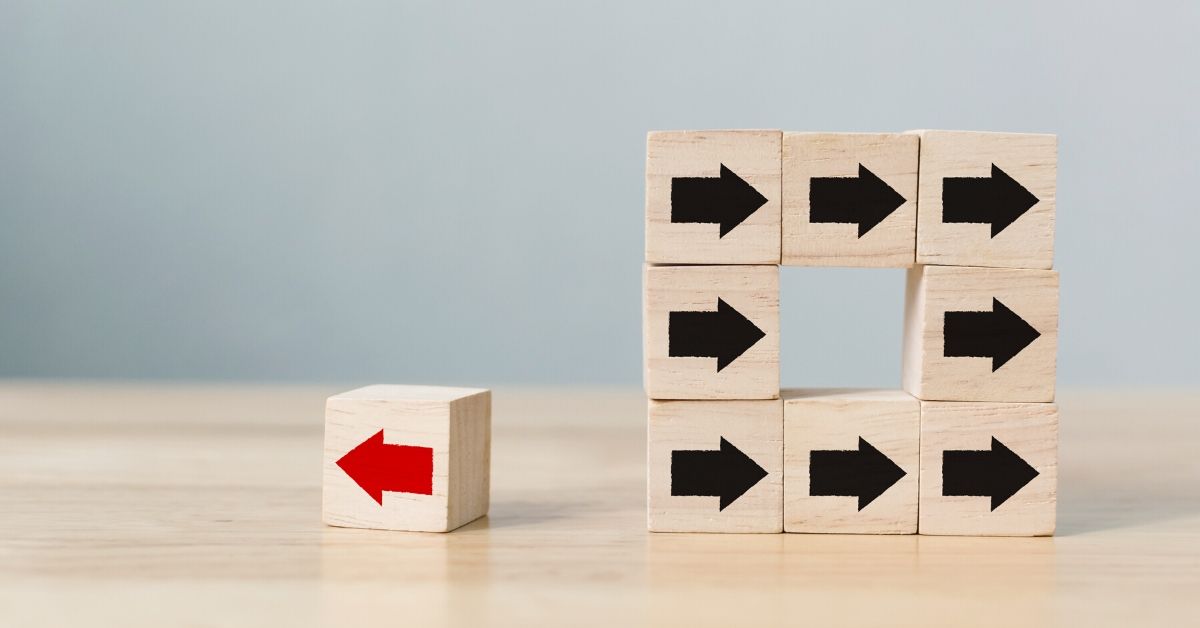 photo of small wooden block with one red arrow pointing left and a group of blocks with black arrows pointing right