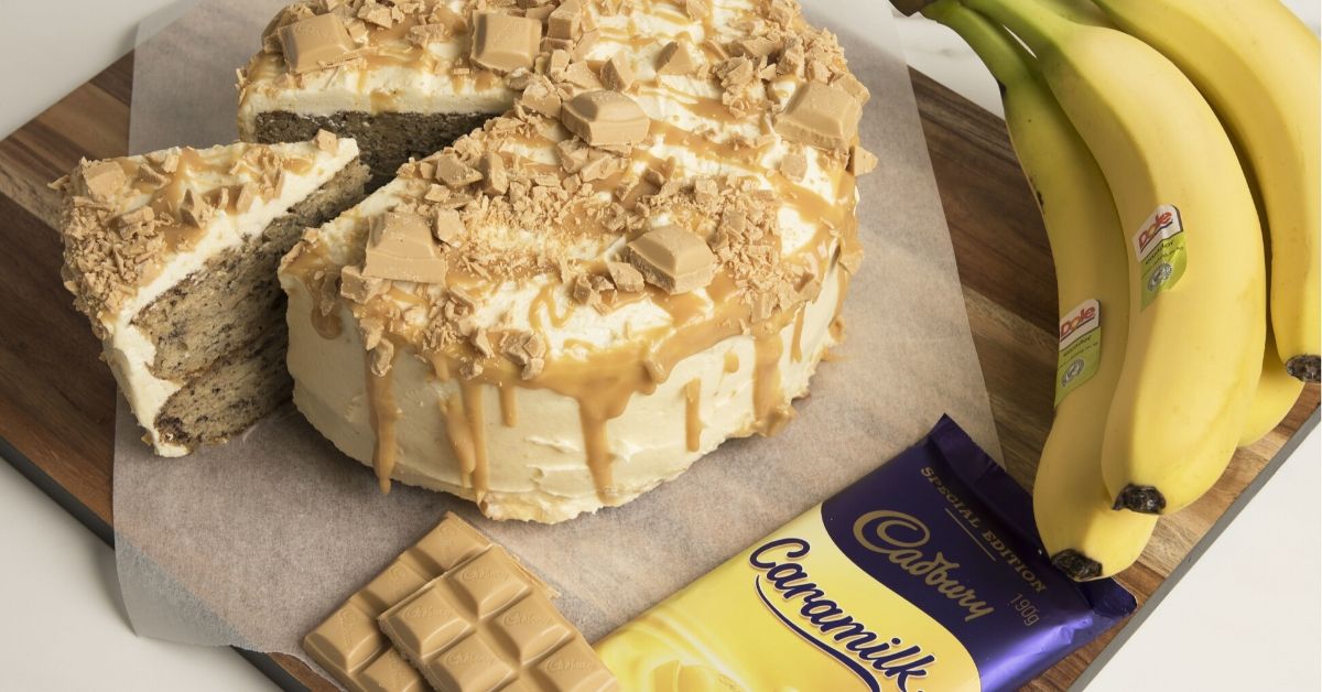 banana caramilk cake, bananas and caramilk chocolate block