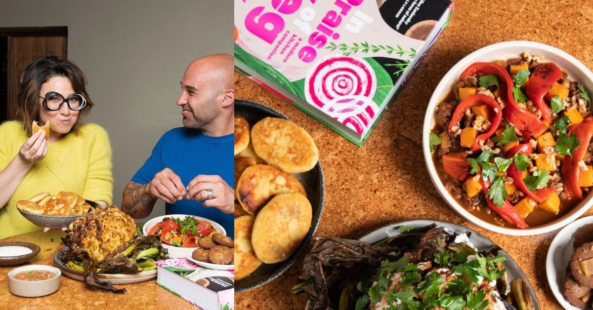 left: alice with founder of providoor shane delia. Right: in praise of veg book on table surrounded by hearty foods