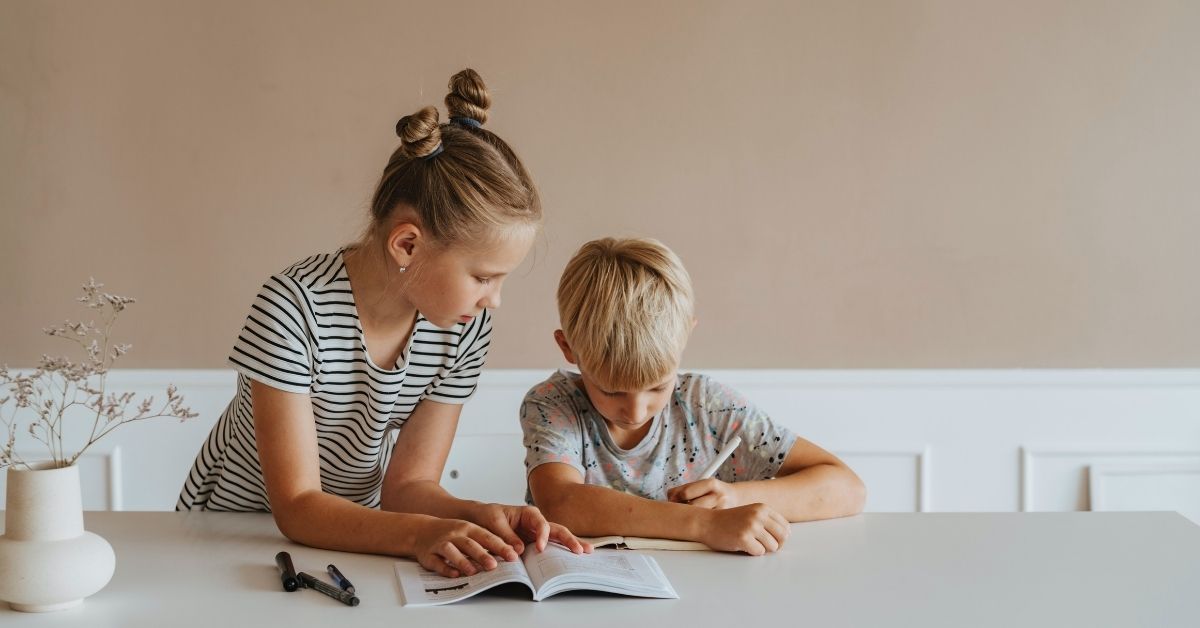 two young siblings studying